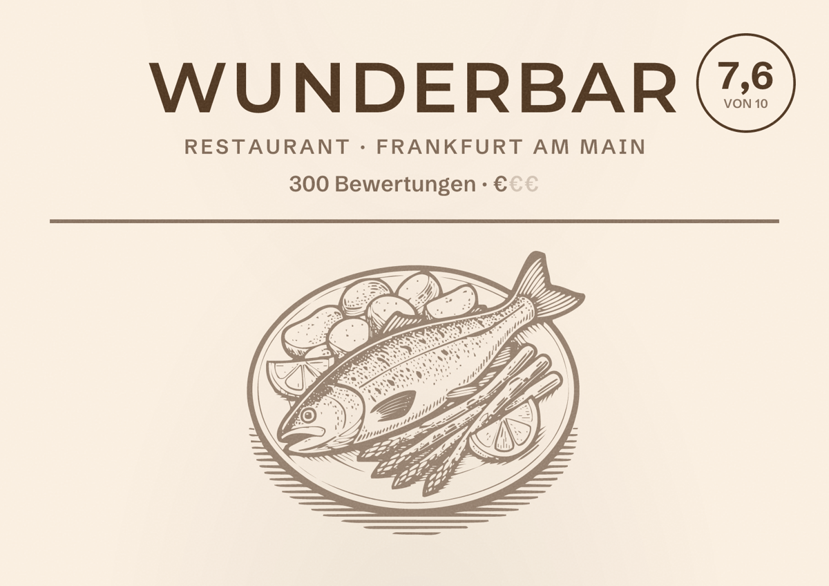 Illustriertes Poster von Wunderbar, Restaurant in Frankfurt am Main: Bewertung 7,6 von 10 aus 300 Bewertungen, Preisniveau €
