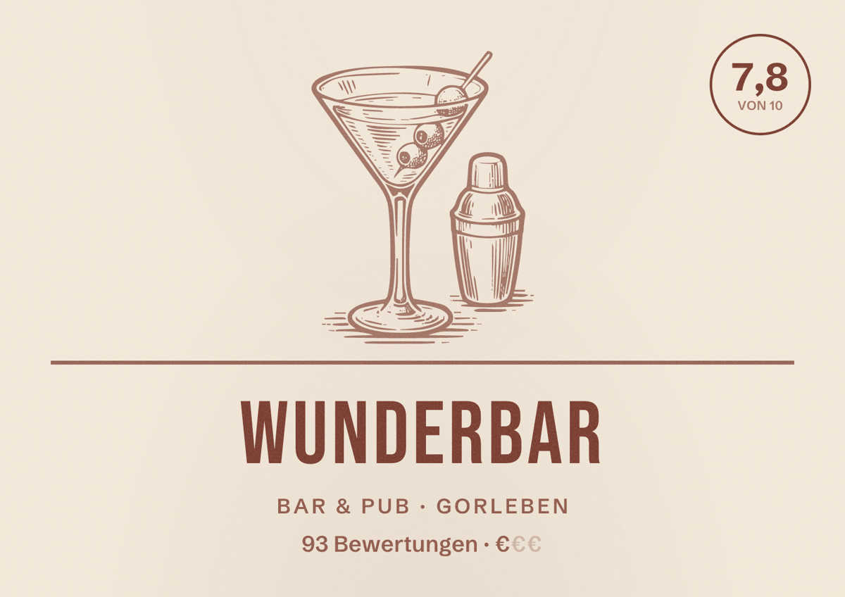 Illustriertes Poster von WunderBar, Bar & Pub in Gorleben: Bewertung 7,8 von 10 aus 93 Bewertungen, Preisniveau €