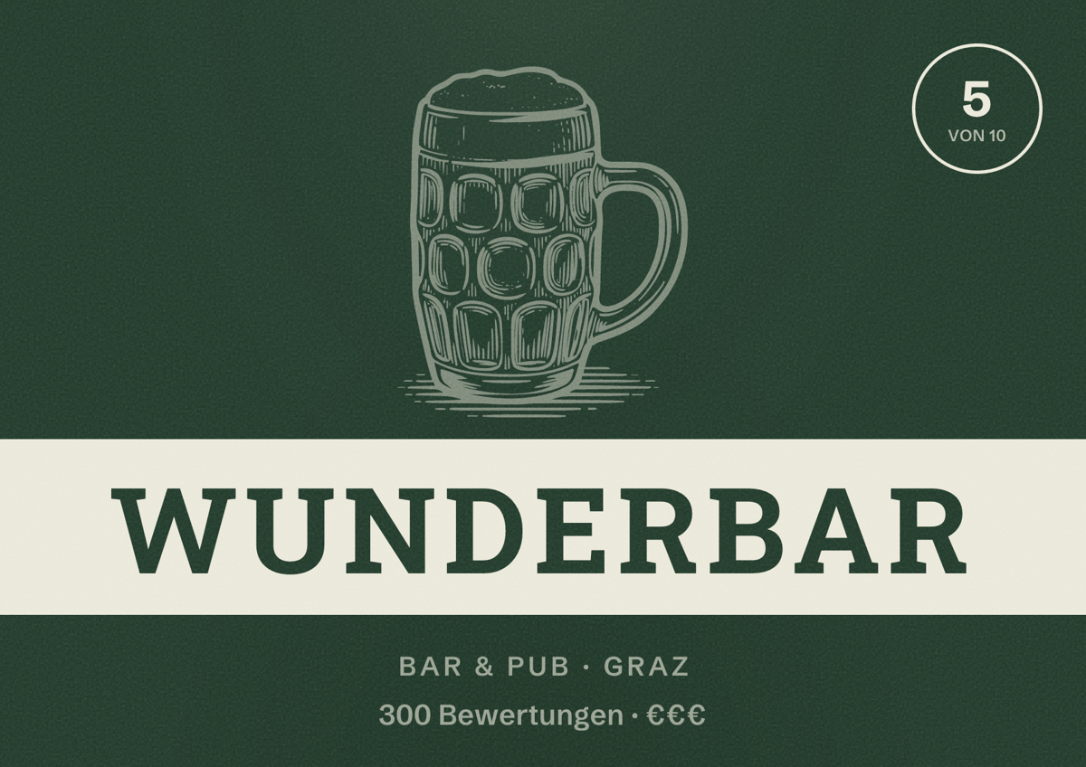 Illustriertes Poster von wunderbar, Bar & Pub in Graz: Bewertung 5 von 10 aus 300 Bewertungen, Preisniveau €€€