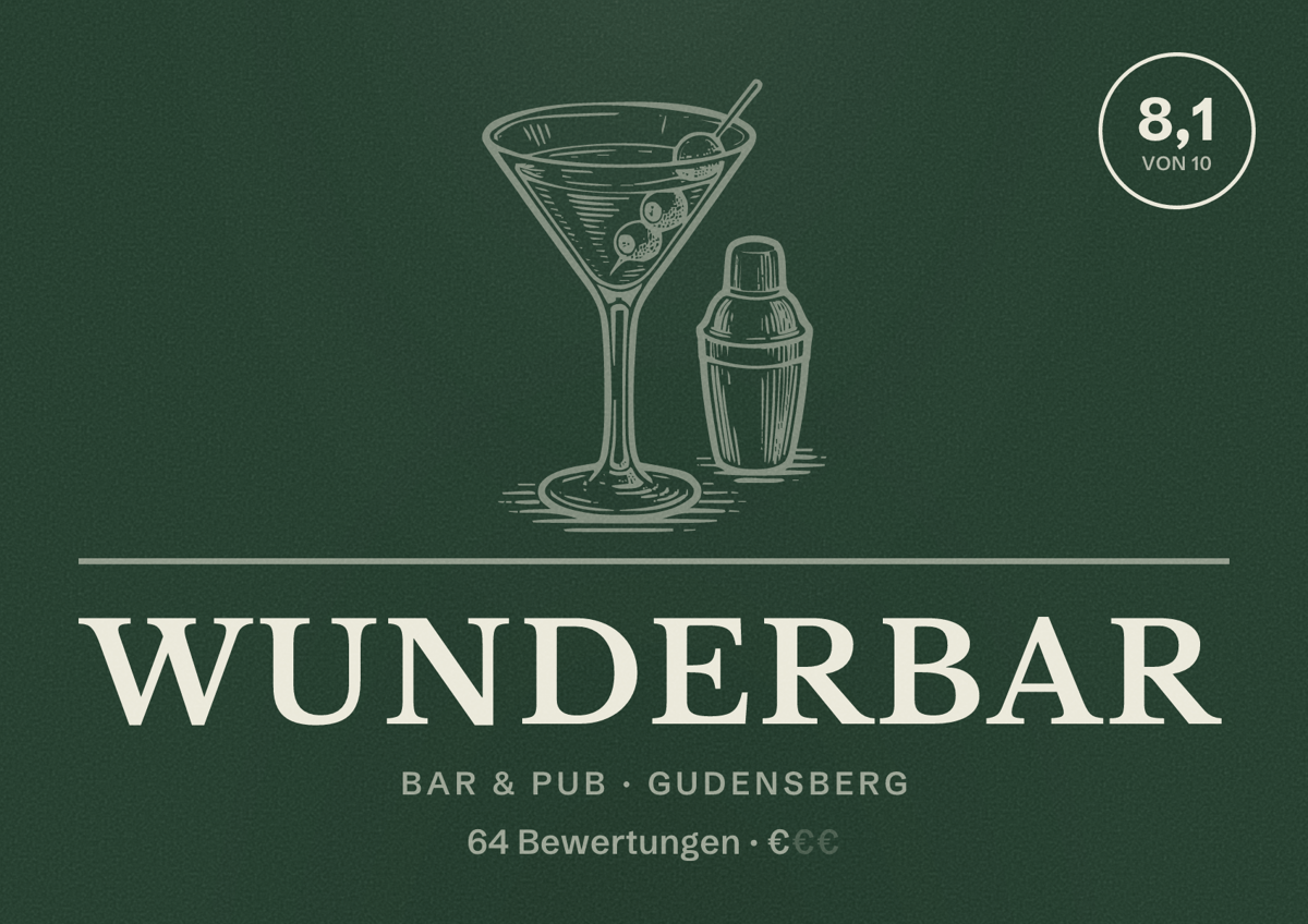 Illustriertes Poster von Wunderbar, Bar & Pub in Gudensberg: Bewertung 8,1 von 10 aus 64 Bewertungen, Preisniveau €