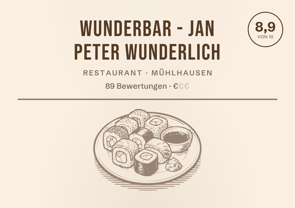 Illustriertes Poster von WunderBar - Jan Peter Wunderlich, Restaurant in Mühlhausen: Bewertung 8,9 von 10 aus 89 Bewertungen, Preisniveau €
