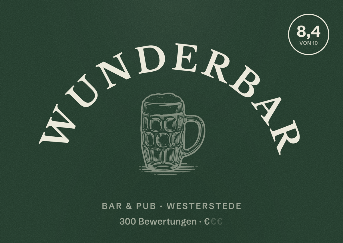 Illustriertes Poster von Wunderbar, Bar & Pub in Westerstede: Bewertung 8,4 von 10 aus 300 Bewertungen, Preisniveau €