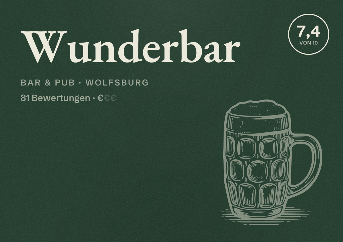 Illustriertes Poster von Wunderbar, Bar & Pub in Wolfsburg: Bewertung 7,4 von 10 aus 81 Bewertungen, Preisniveau €