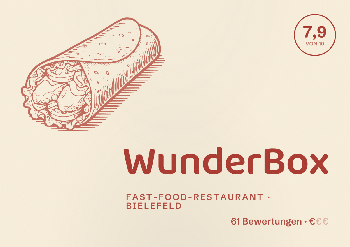 Illustriertes Poster von WunderBox, Fast-Food-Restaurant in Bielefeld: Bewertung 7,9 von 10 aus 61 Bewertungen, Preisniveau €