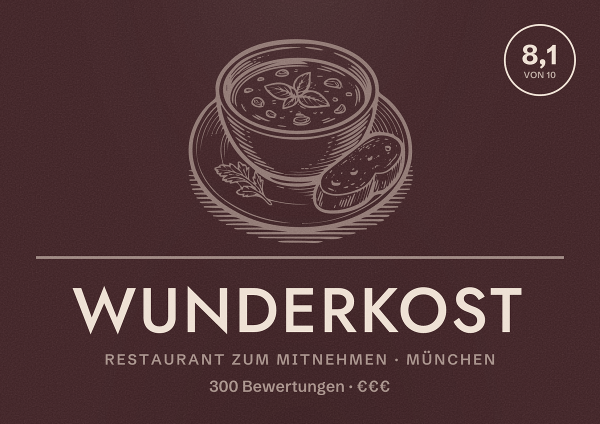 Illustriertes Poster von Wunderkost, Restaurant zum Mitnehmen in München: Bewertung 8,1 von 10 aus 300 Bewertungen, Preisniveau €€€