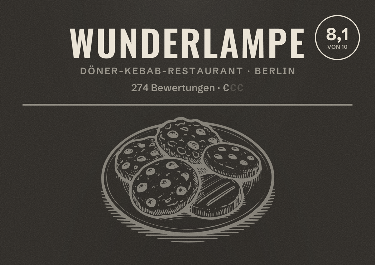 Illustriertes Poster von Wunderlampe, Döner-Kebab-Restaurant in Berlin: Bewertung 8,1 von 10 aus 274 Bewertungen, Preisniveau €