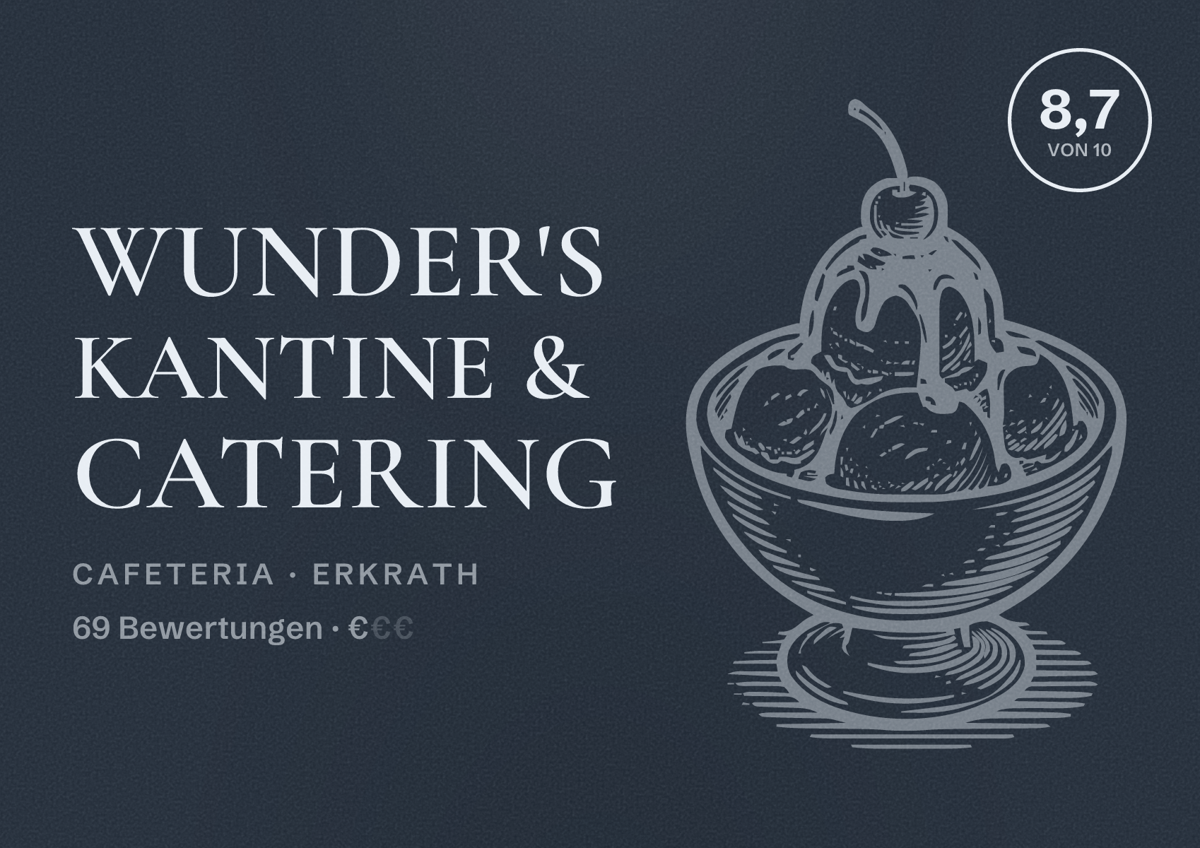 Illustriertes Poster von Wunder's Kantine & Catering, Cafeteria in Erkrath: Bewertung 8,7 von 10 aus 69 Bewertungen, Preisniveau €
