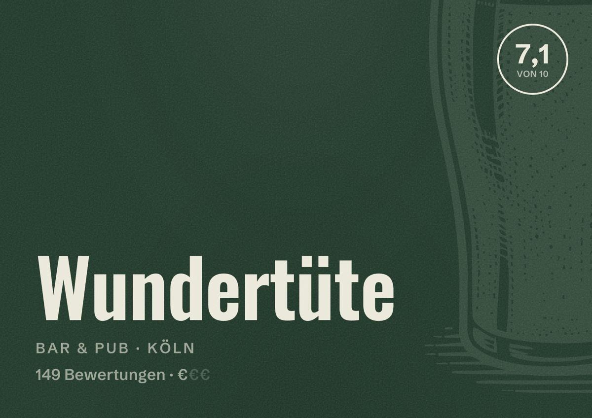 Illustriertes Poster von Wundertüte, Bar & Pub in Köln: Bewertung 7,1 von 10 aus 149 Bewertungen, Preisniveau €