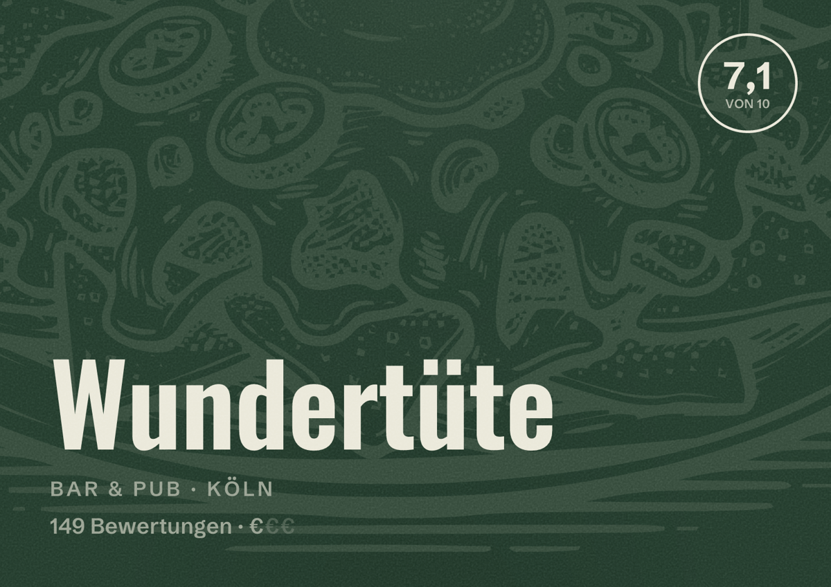 Illustriertes Poster von Wundertüte, Bar & Pub in Köln: Bewertung 7,1 von 10 aus 149 Bewertungen, Preisniveau €