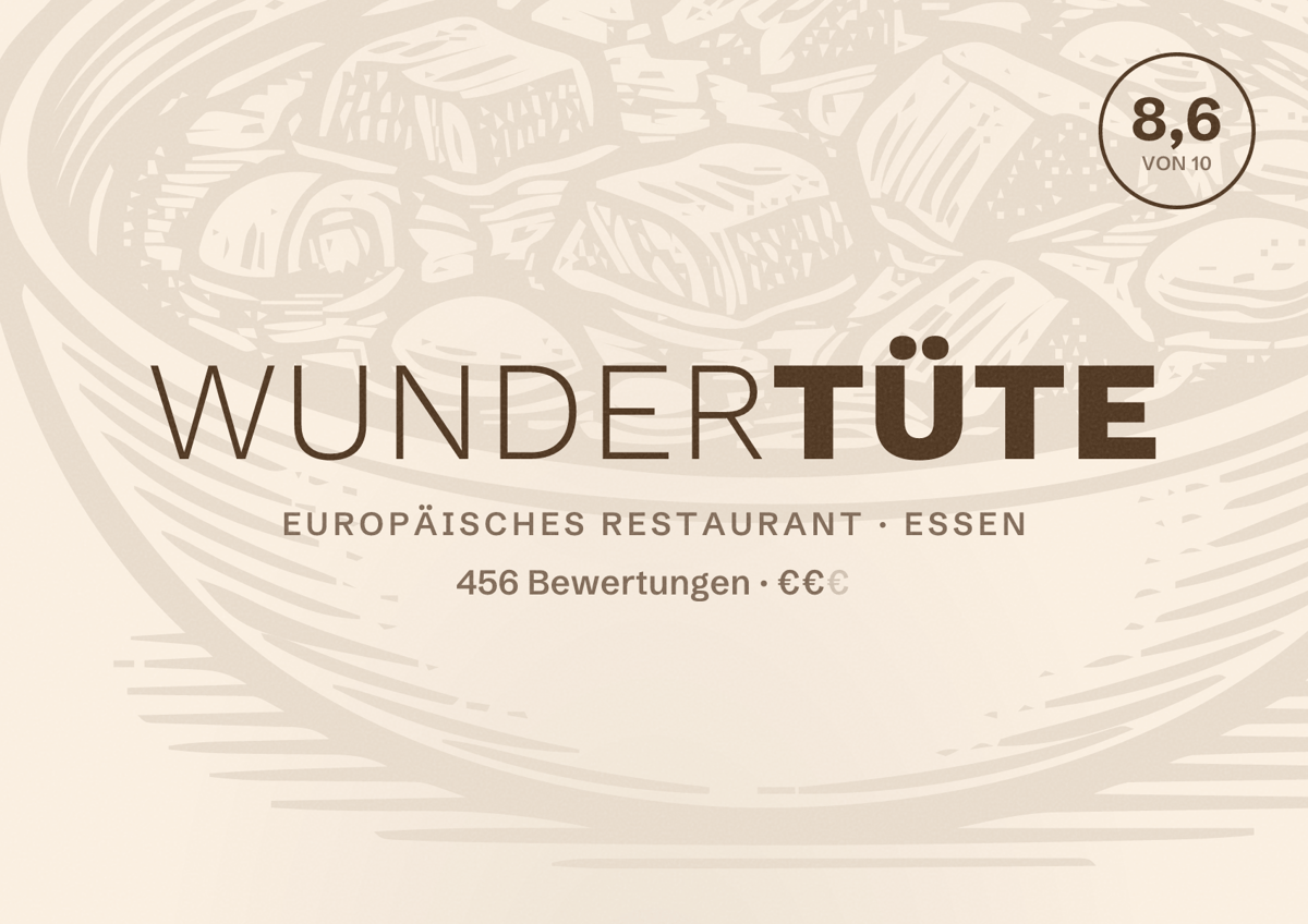 Illustriertes Poster von Wundertüte, Europäisches Restaurant in Essen: Bewertung 8,6 von 10 aus 456 Bewertungen, Preisniveau €€