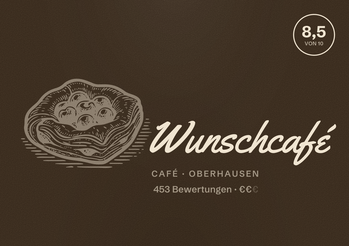 Illustriertes Poster von Wunschcafé, Café in Oberhausen: Bewertung 8,5 von 10 aus 453 Bewertungen, Preisniveau €€