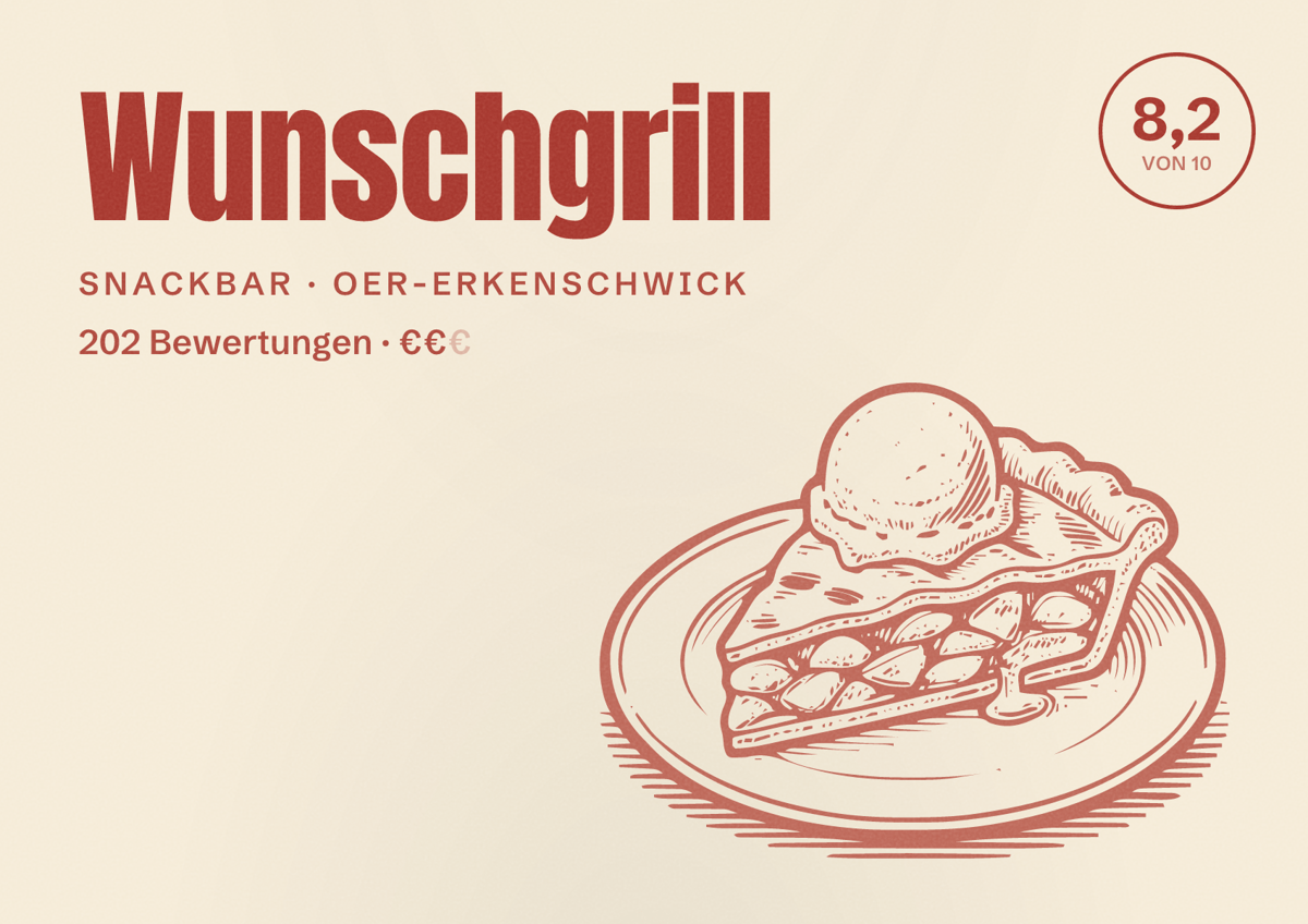 Illustriertes Poster von Wunschgrill, Snackbar in Oer-Erkenschwick: Bewertung 8,2 von 10 aus 202 Bewertungen, Preisniveau €€