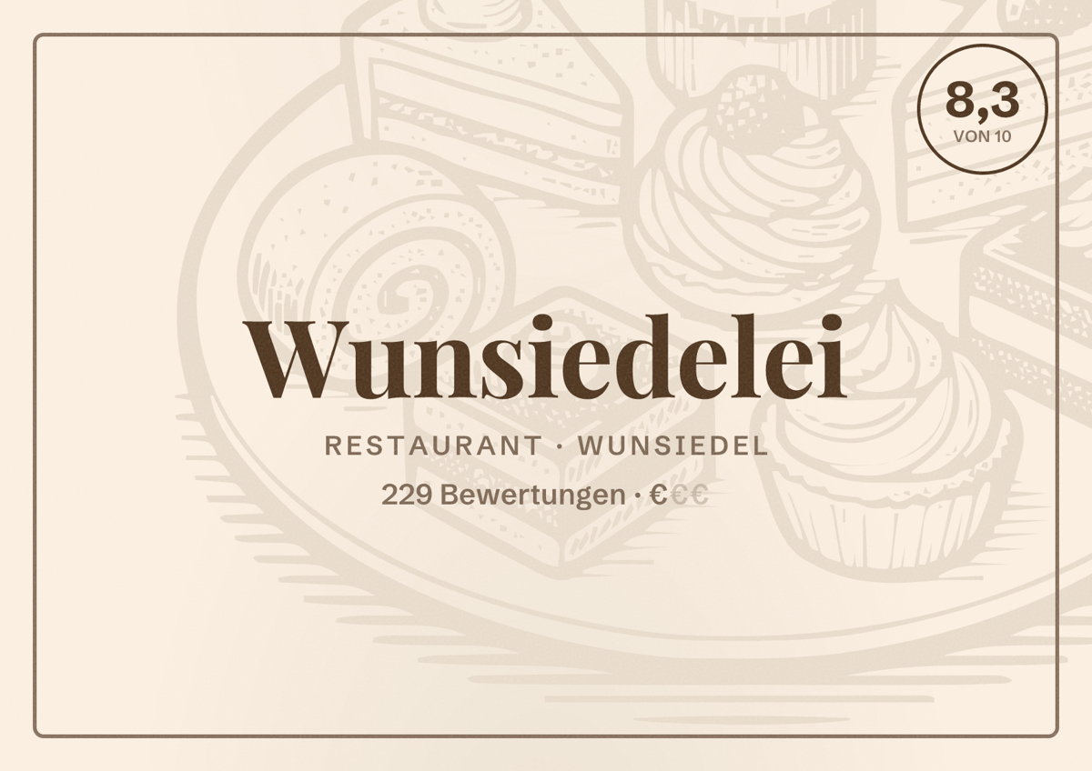 Illustriertes Poster von Wunsiedelei, Restaurant in Wunsiedel: Bewertung 8,3 von 10 aus 229 Bewertungen, Preisniveau €
