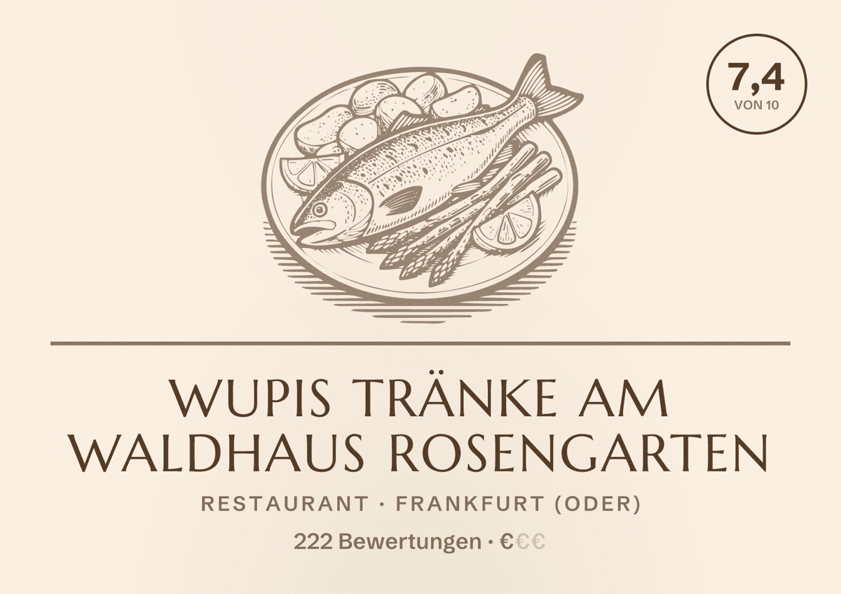 Illustriertes Poster von Wupis Tränke Am Waldhaus Rosengarten, Restaurant in Frankfurt (Oder): Bewertung 7,4 von 10 aus 222 Bewertungen, Preisniveau €