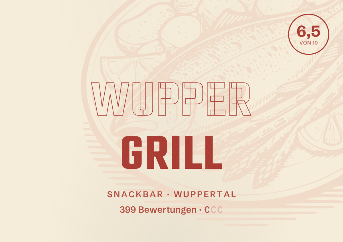Illustriertes Poster von Wupper Grill, Snackbar in Wuppertal: Bewertung 6,5 von 10 aus 399 Bewertungen, Preisniveau €