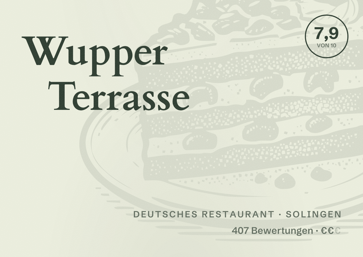 Illustriertes Poster von Wupper Terrasse, Deutsches Restaurant in Solingen: Bewertung 7,9 von 10 aus 407 Bewertungen, Preisniveau €€