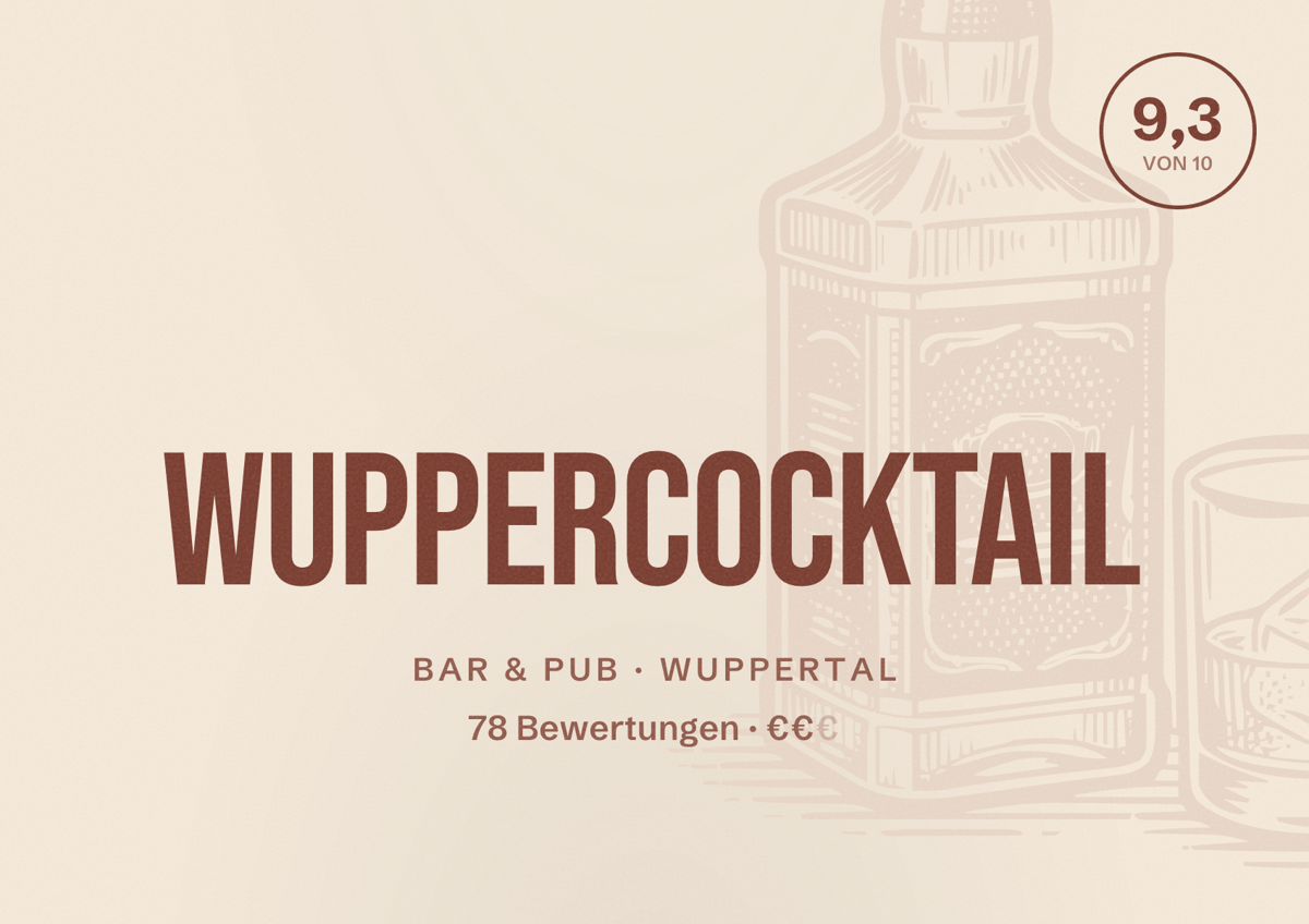 Illustriertes Poster von WupperCocktail, Bar & Pub in Wuppertal: Bewertung 9,3 von 10 aus 78 Bewertungen, Preisniveau €€