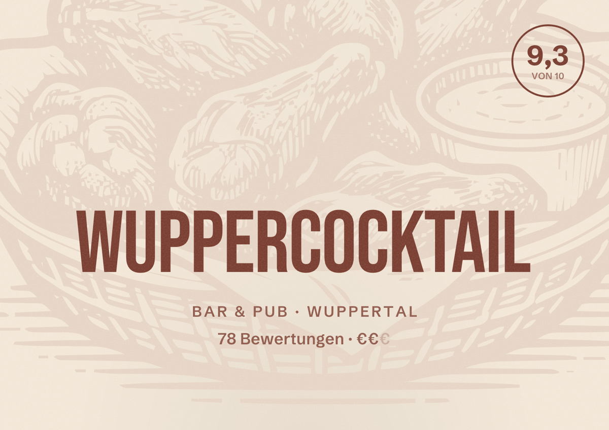 Illustriertes Poster von WupperCocktail, Bar & Pub in Wuppertal: Bewertung 9,3 von 10 aus 78 Bewertungen, Preisniveau €€