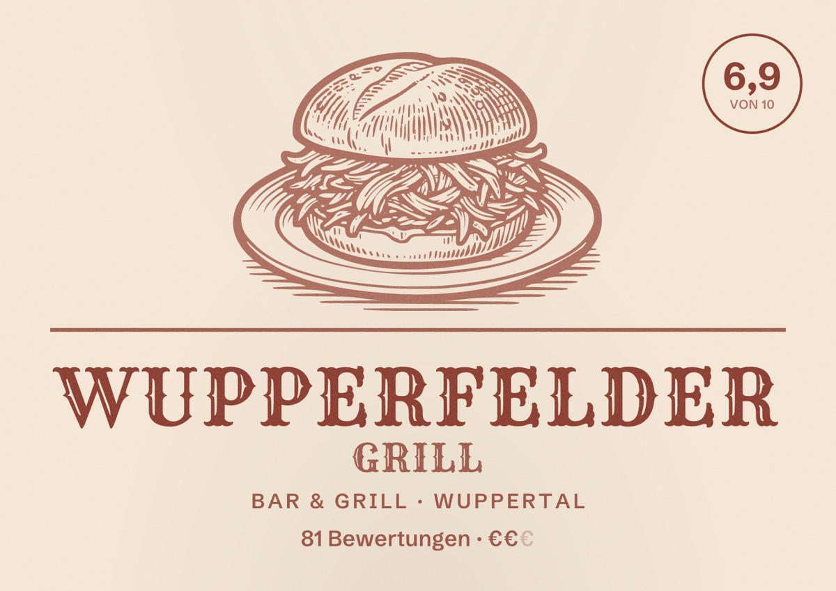 Illustriertes Poster von Wupperfelder Grill, Bar & Grill in Wuppertal: Bewertung 6,9 von 10 aus 81 Bewertungen, Preisniveau €€