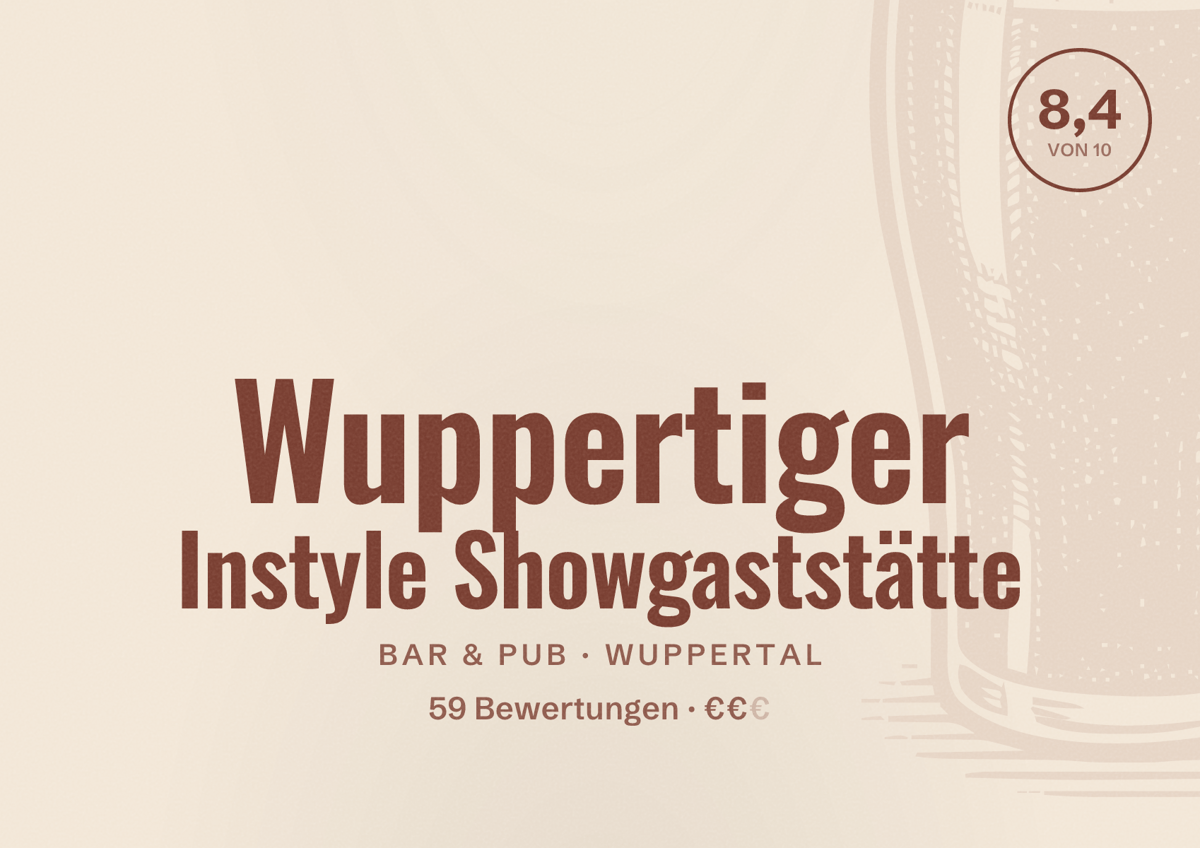 Illustriertes Poster von Wuppertiger Instyle Showgaststätte, Bar & Pub in Wuppertal: Bewertung 8,4 von 10 aus 59 Bewertungen, Preisniveau €€