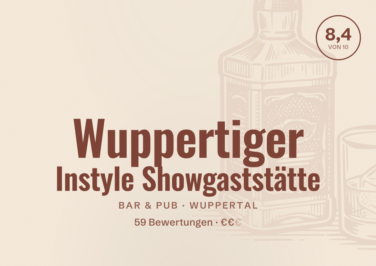 Illustriertes Poster von Wuppertiger Instyle Showgaststätte, Bar & Pub in Wuppertal: Bewertung 8,4 von 10 aus 59 Bewertungen, Preisniveau €€