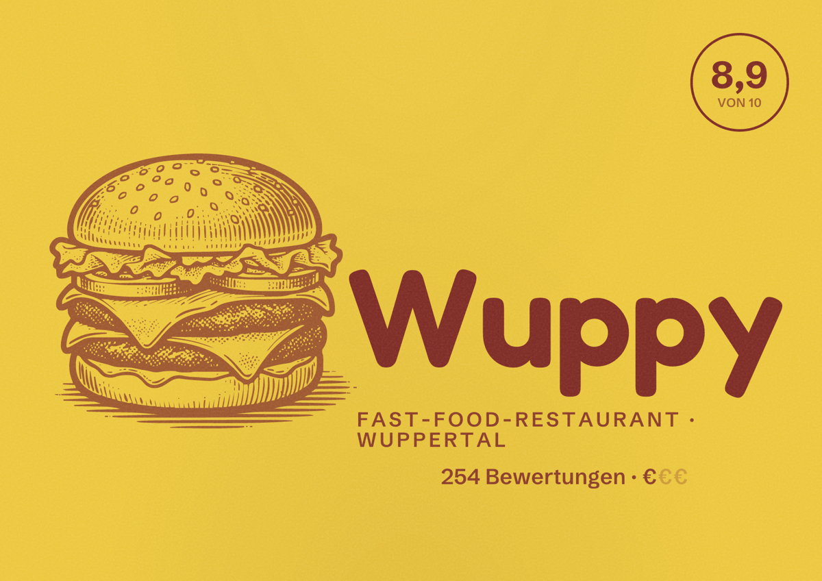 Illustriertes Poster von Wuppy, Fast-Food-Restaurant in Wuppertal: Bewertung 8,9 von 10 aus 254 Bewertungen, Preisniveau €