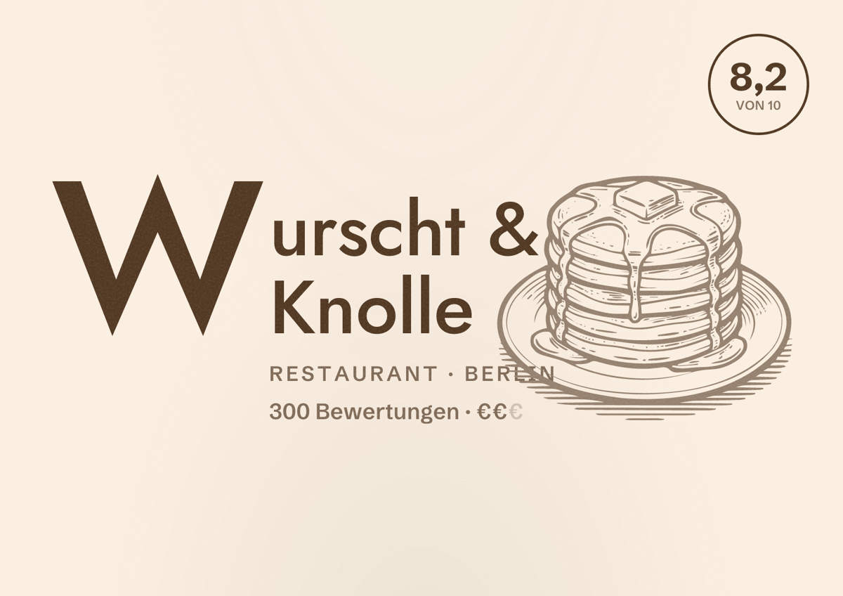 Illustriertes Poster von Wurscht & Knolle, Restaurant in Berlin: Bewertung 8,2 von 10 aus 300 Bewertungen, Preisniveau €€