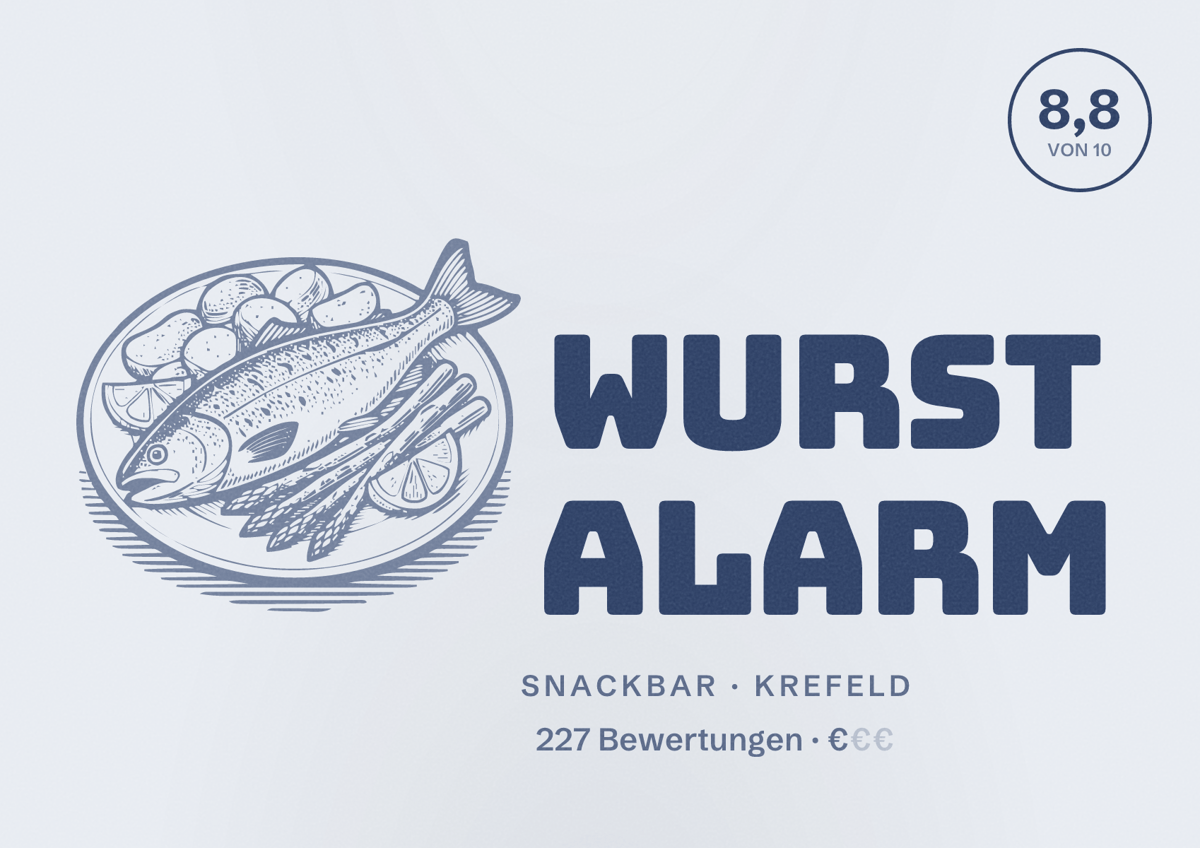 Illustriertes Poster von Wurst Alarm, Snackbar in Krefeld: Bewertung 8,8 von 10 aus 227 Bewertungen, Preisniveau €