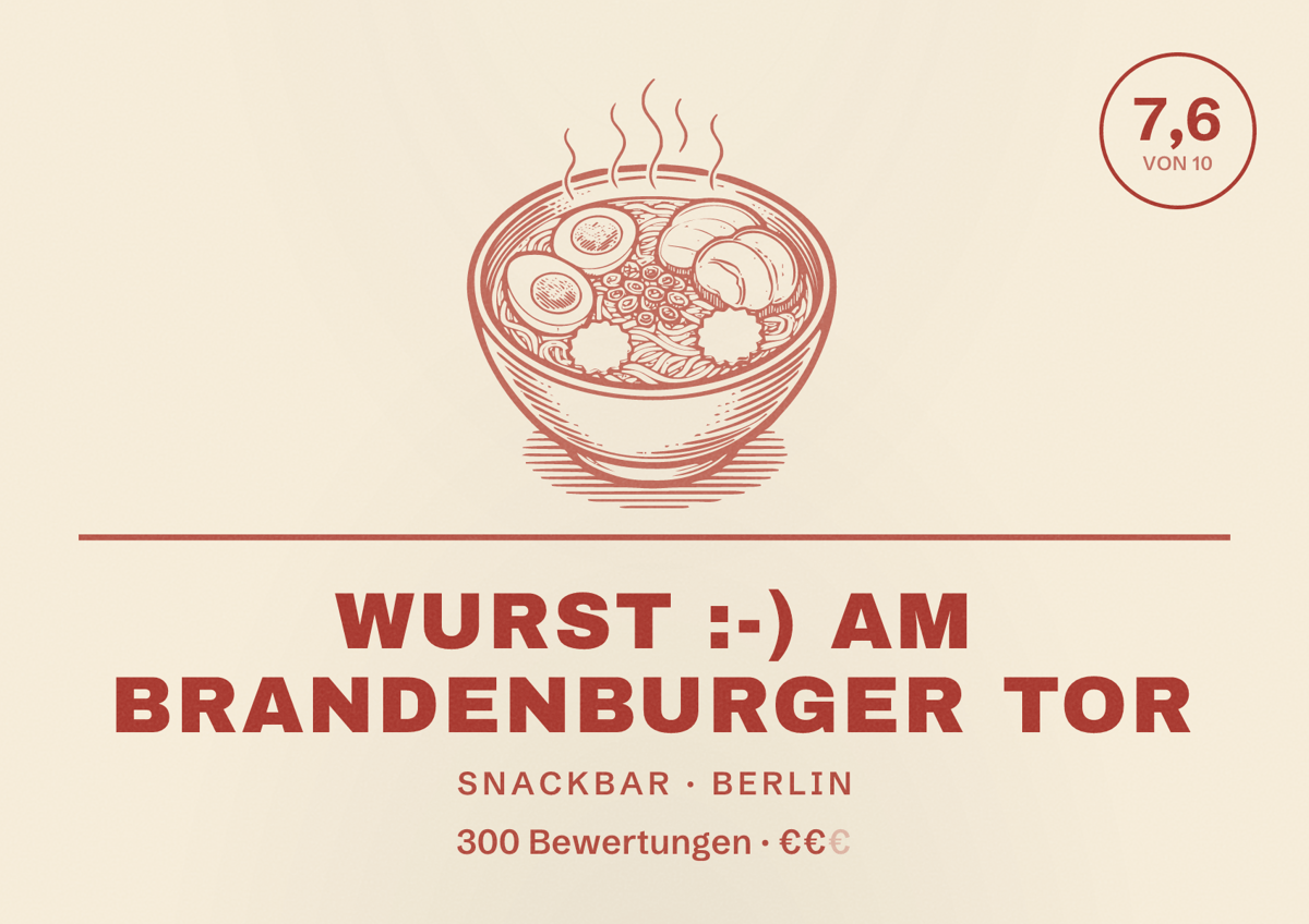 Illustriertes Poster von Wurst :-) am Brandenburger Tor, Snackbar in Berlin: Bewertung 7,6 von 10 aus 300 Bewertungen, Preisniveau €€