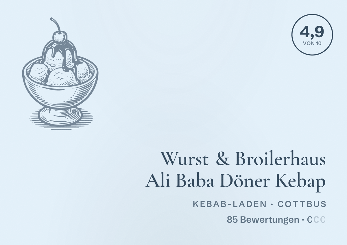 Illustriertes Poster von Wurst & Broilerhaus Ali Baba Döner Kebap, Kebab-Laden in Cottbus: Bewertung 4,9 von 10 aus 85 Bewertungen, Preisniveau €