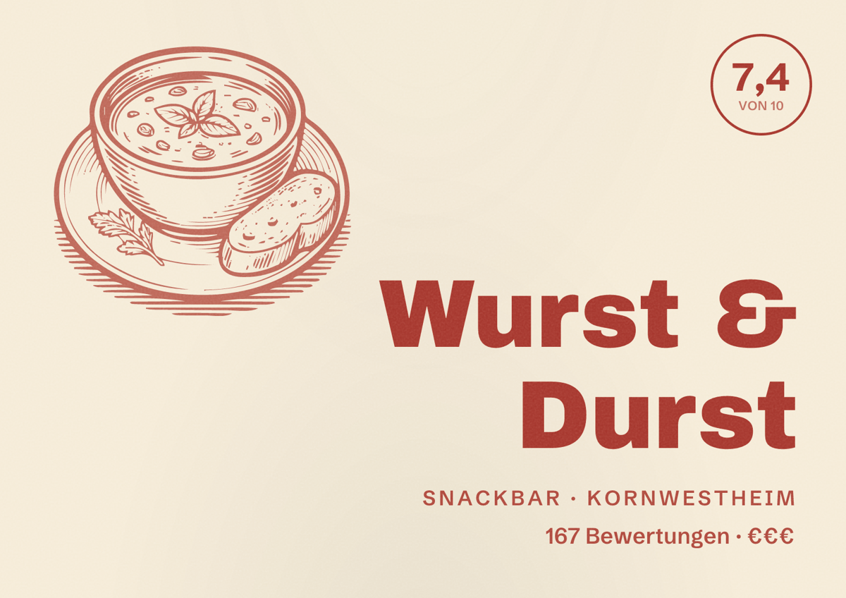 Illustriertes Poster von Wurst & Durst, Snackbar in Kornwestheim: Bewertung 7,4 von 10 aus 167 Bewertungen, Preisniveau €€€