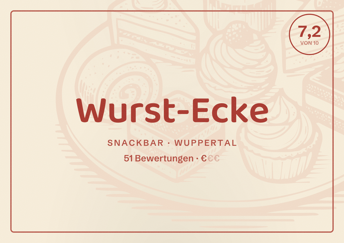 Illustriertes Poster von Wurst-Ecke, Snackbar in Wuppertal: Bewertung 7,2 von 10 aus 51 Bewertungen, Preisniveau €