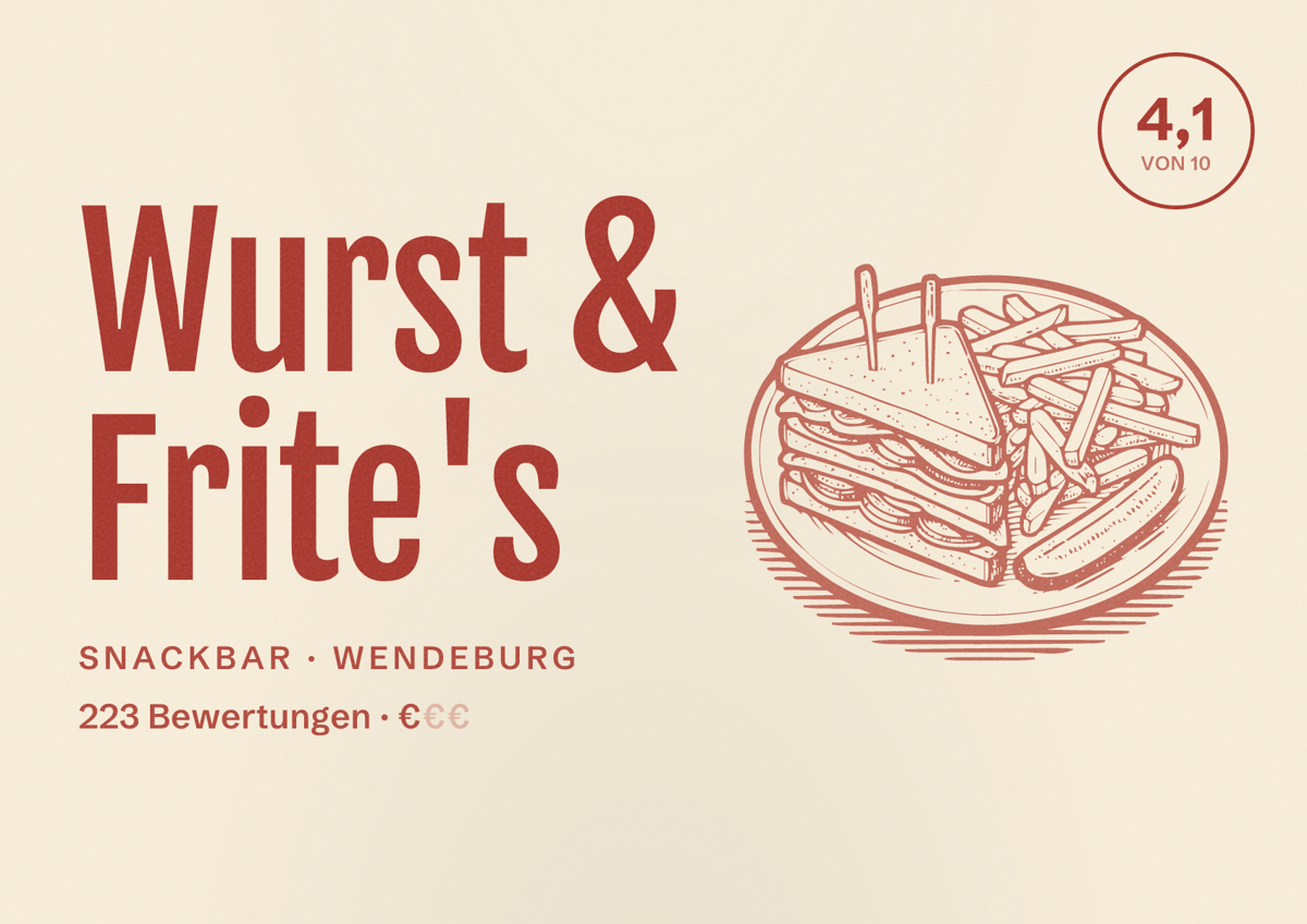 Illustriertes Poster von Wurst & Frite's, Snackbar in Wendeburg: Bewertung 4,1 von 10 aus 223 Bewertungen, Preisniveau €
