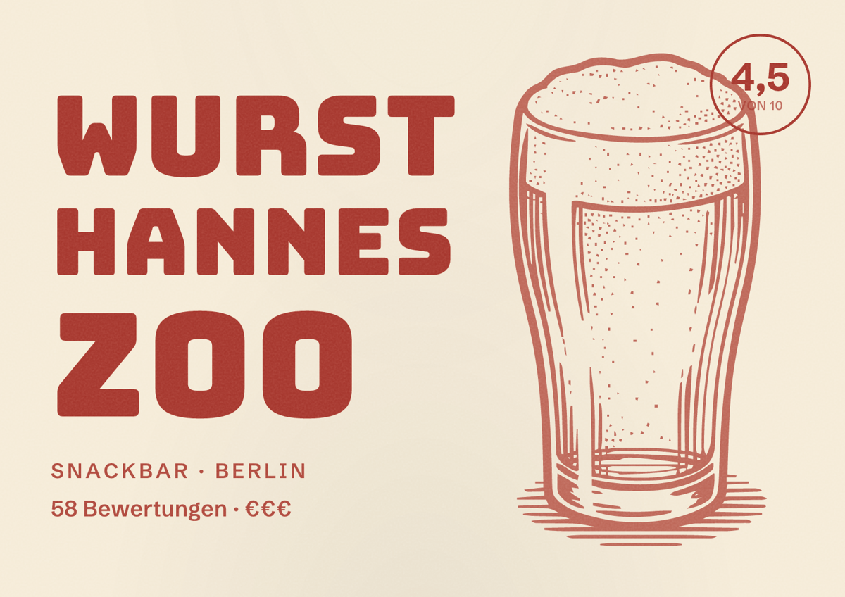Illustriertes Poster von Wurst Hannes Zoo, Snackbar in Berlin: Bewertung 4,5 von 10 aus 58 Bewertungen, Preisniveau €€€