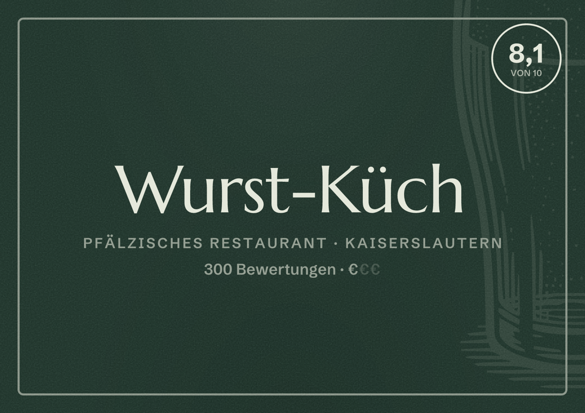 Illustriertes Poster von Wurst-Küch, Pfälzisches Restaurant in Kaiserslautern: Bewertung 8,1 von 10 aus 300 Bewertungen, Preisniveau €