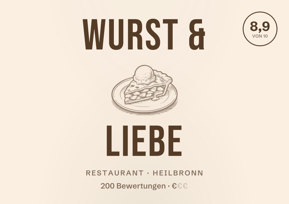 Illustriertes Poster von Wurst & Liebe, Restaurant in Heilbronn: Bewertung 8,9 von 10 aus 200 Bewertungen, Preisniveau €