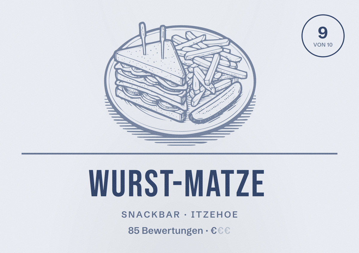 Illustriertes Poster von Wurst-Matze, Snackbar in Itzehoe: Bewertung 9 von 10 aus 85 Bewertungen, Preisniveau €