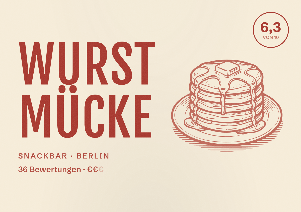 Illustriertes Poster von Wurst Mücke, Snackbar in Berlin: Bewertung 6,3 von 10 aus 36 Bewertungen, Preisniveau €€