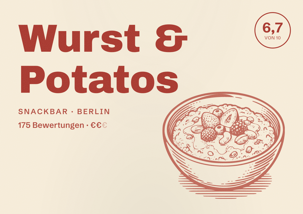 Illustriertes Poster von Wurst & Potatos, Snackbar in Berlin: Bewertung 6,7 von 10 aus 175 Bewertungen, Preisniveau €€