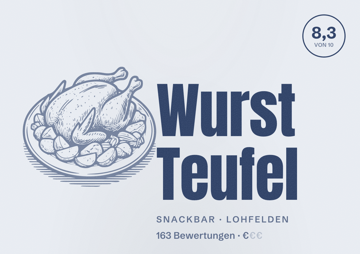 Illustriertes Poster von Wurst Teufel, Snackbar in Lohfelden: Bewertung 8,3 von 10 aus 163 Bewertungen, Preisniveau €