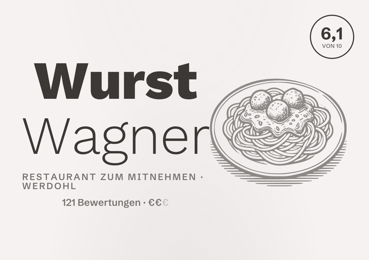 Illustriertes Poster von Wurst Wagner, Restaurant zum Mitnehmen in Werdohl: Bewertung 6,1 von 10 aus 121 Bewertungen, Preisniveau €€
