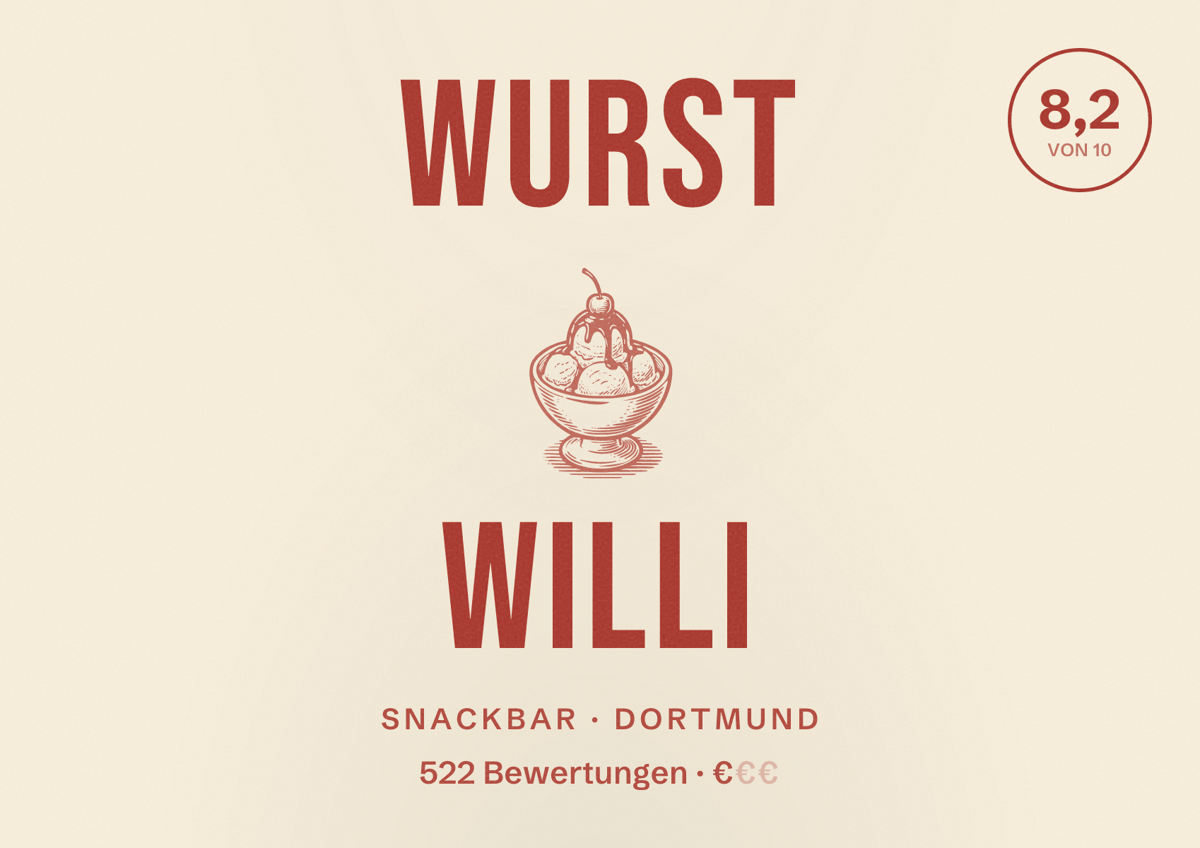 Illustriertes Poster von Wurst Willi, Snackbar in Dortmund: Bewertung 8,2 von 10 aus 522 Bewertungen, Preisniveau €