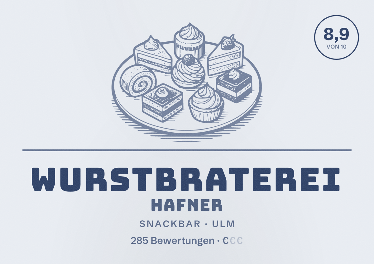 Illustriertes Poster von Wurstbraterei Hafner, Snackbar in Ulm: Bewertung 8,9 von 10 aus 285 Bewertungen, Preisniveau €