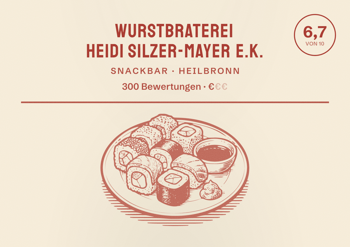 Illustriertes Poster von Wurstbraterei Heidi Silzer-Mayer e.K., Snackbar in Heilbronn: Bewertung 6,7 von 10 aus 300 Bewertungen, Preisniveau €