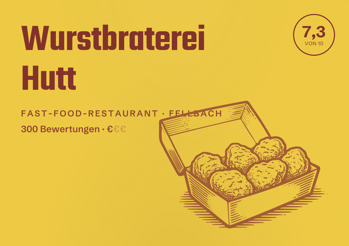 Illustriertes Poster von Wurstbraterei Hutt, Fast-Food-Restaurant in Fellbach: Bewertung 7,3 von 10 aus 300 Bewertungen, Preisniveau €