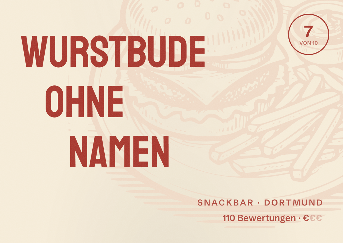 Illustriertes Poster von WURSTBUDE OHNE NAMEN, Snackbar in Dortmund: Bewertung 7 von 10 aus 110 Bewertungen, Preisniveau €