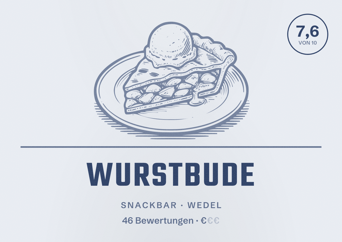 Illustriertes Poster von Wurstbude, Snackbar in Wedel: Bewertung 7,6 von 10 aus 46 Bewertungen, Preisniveau €
