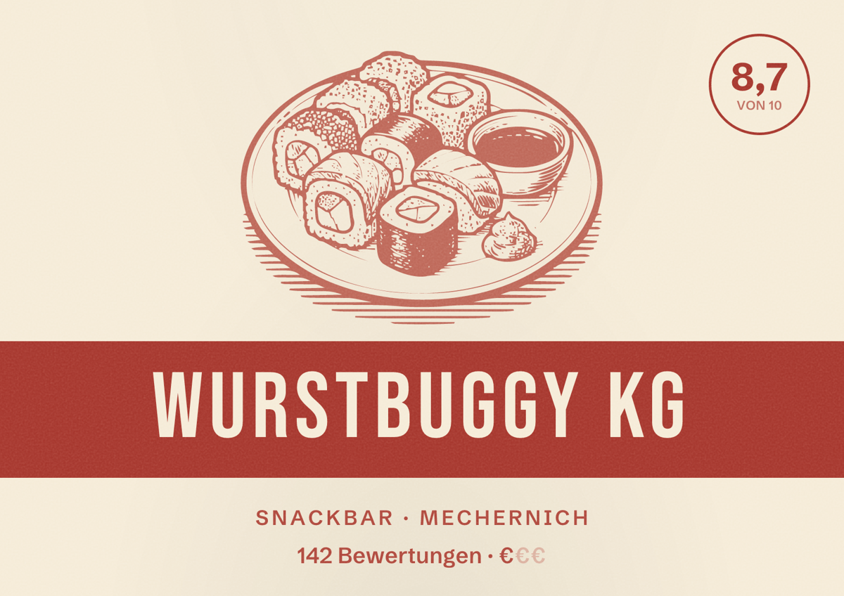 Illustriertes Poster von WurstBuggy KG, Snackbar in Mechernich: Bewertung 8,7 von 10 aus 142 Bewertungen, Preisniveau €