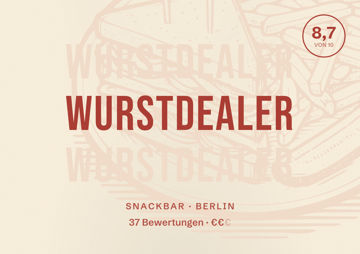 Illustriertes Poster von Wurstdealer, Snackbar in Berlin: Bewertung 8,7 von 10 aus 37 Bewertungen, Preisniveau €€