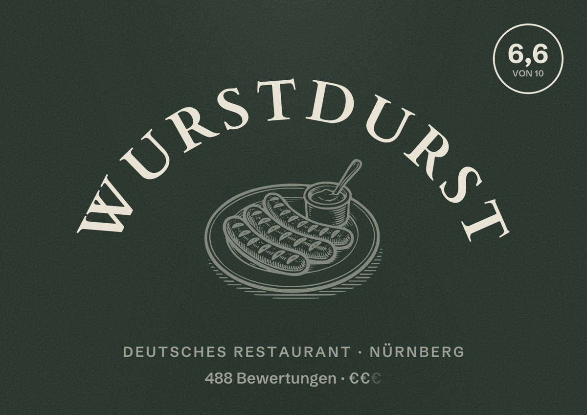 Illustriertes Poster von WurstDurst, Deutsches Restaurant in Nürnberg: Bewertung 6,6 von 10 aus 488 Bewertungen, Preisniveau €€